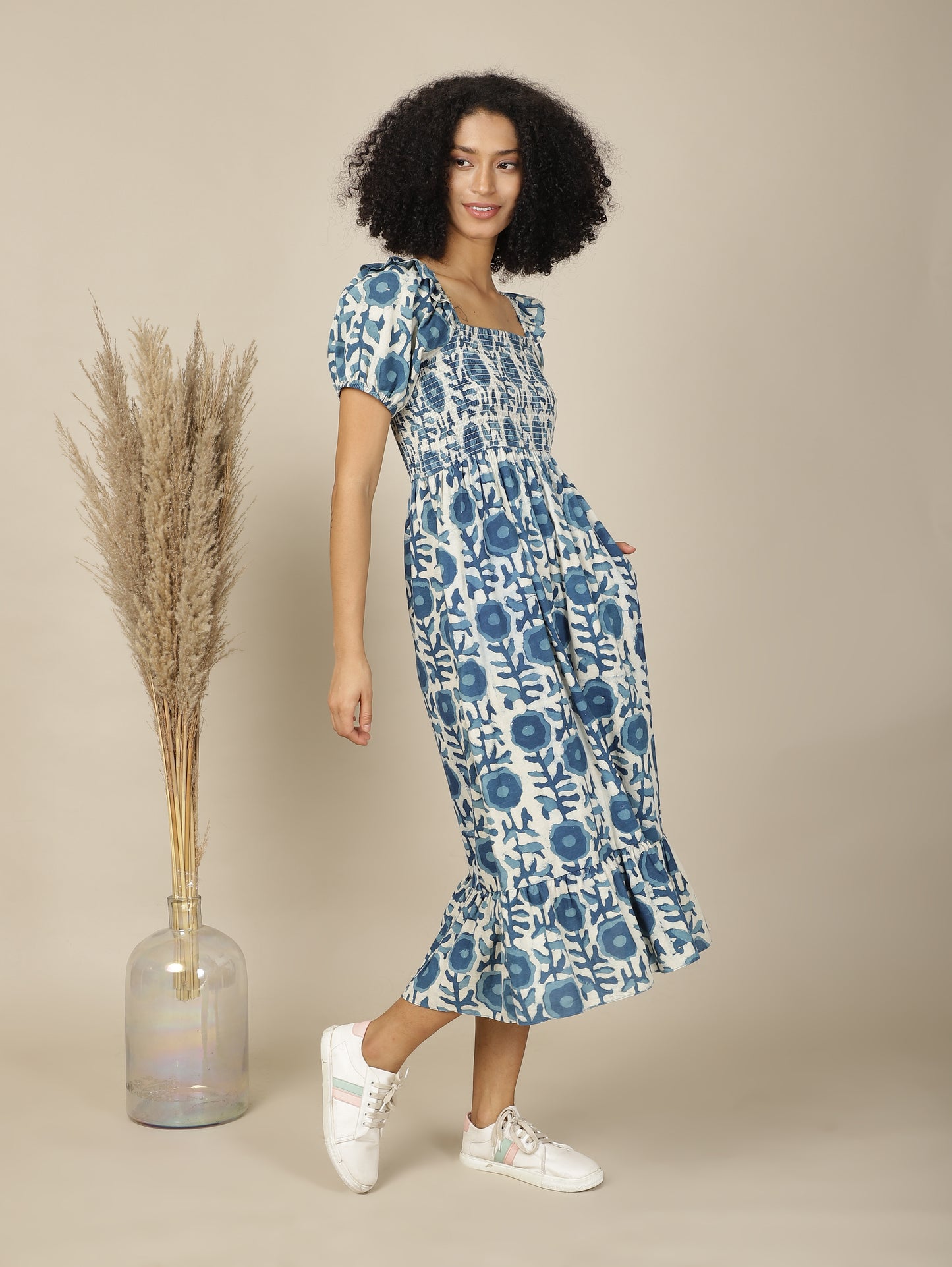 Indigo Dabu Smock Cotton Dress