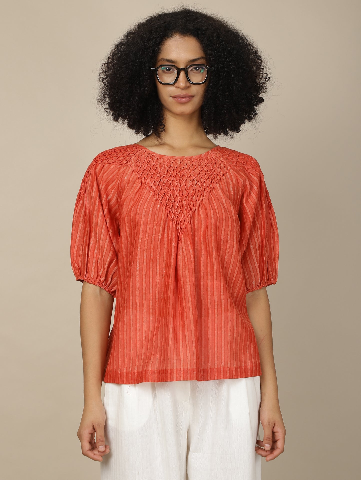 Scarlet Dabu Smocked Cotton Silk Top