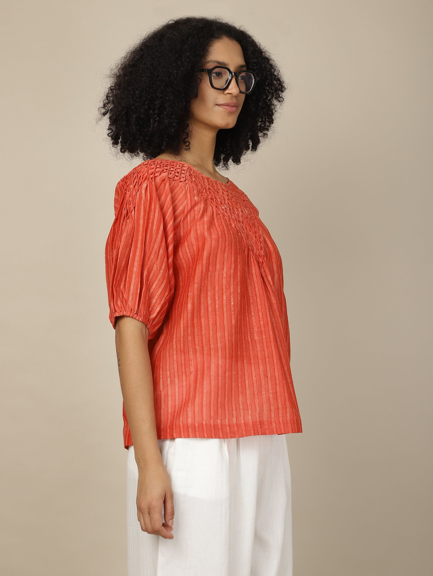 Scarlet Dabu Smocked Cotton Silk Top