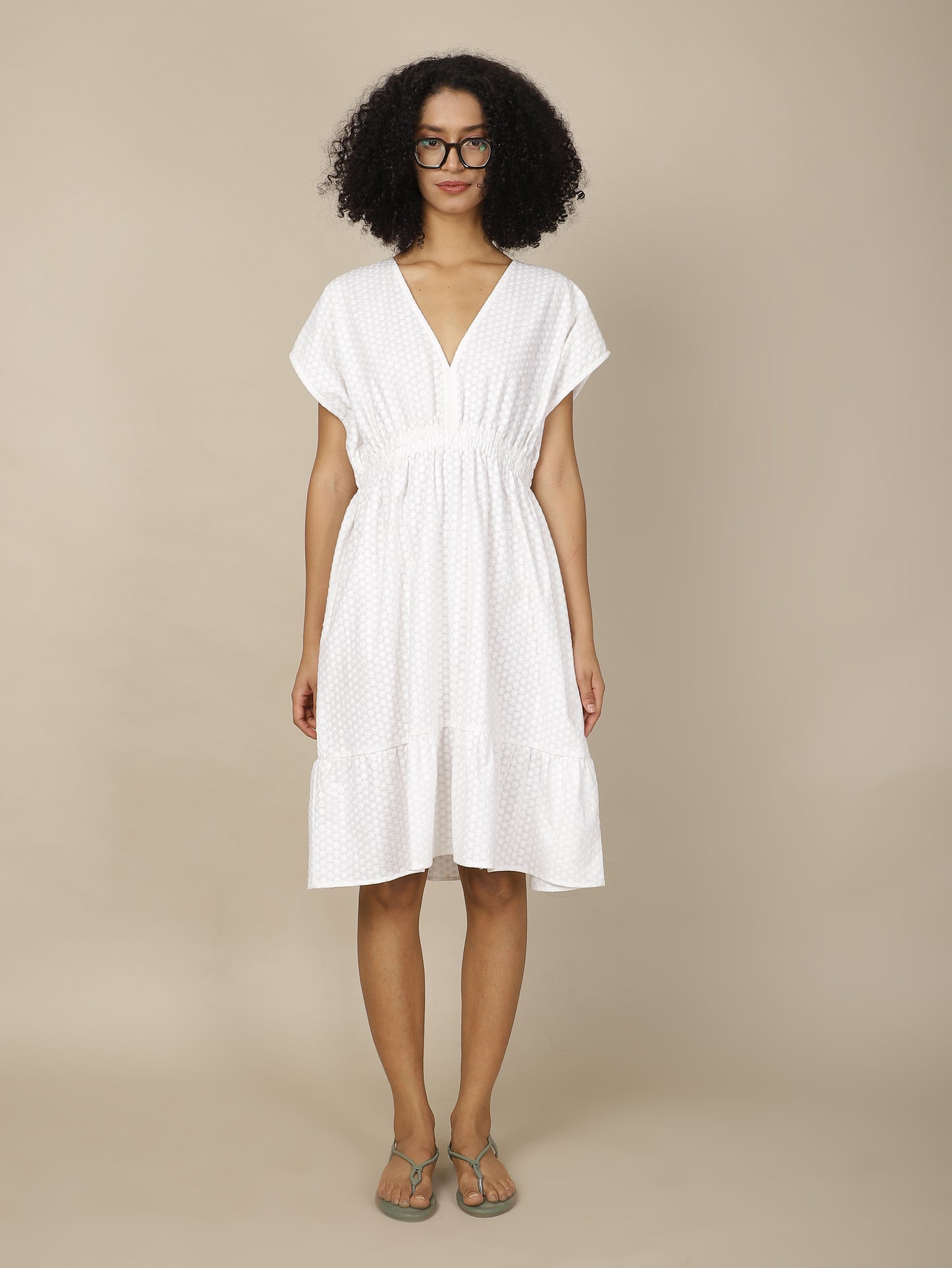 White Embroidered Cosmos Cotton Dress