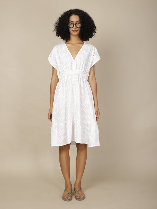 White Embroidered Cosmos Cotton Dress