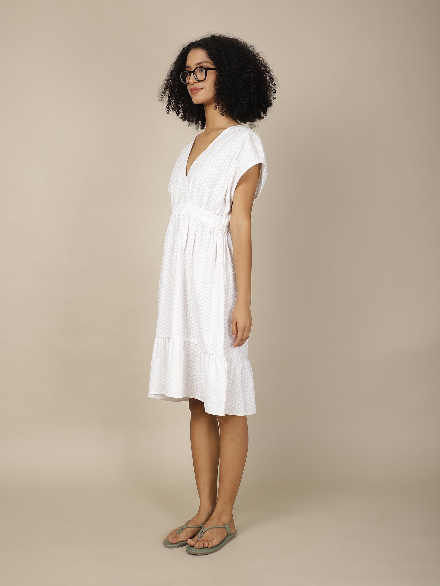 White Embroidered Cosmos Cotton Dress