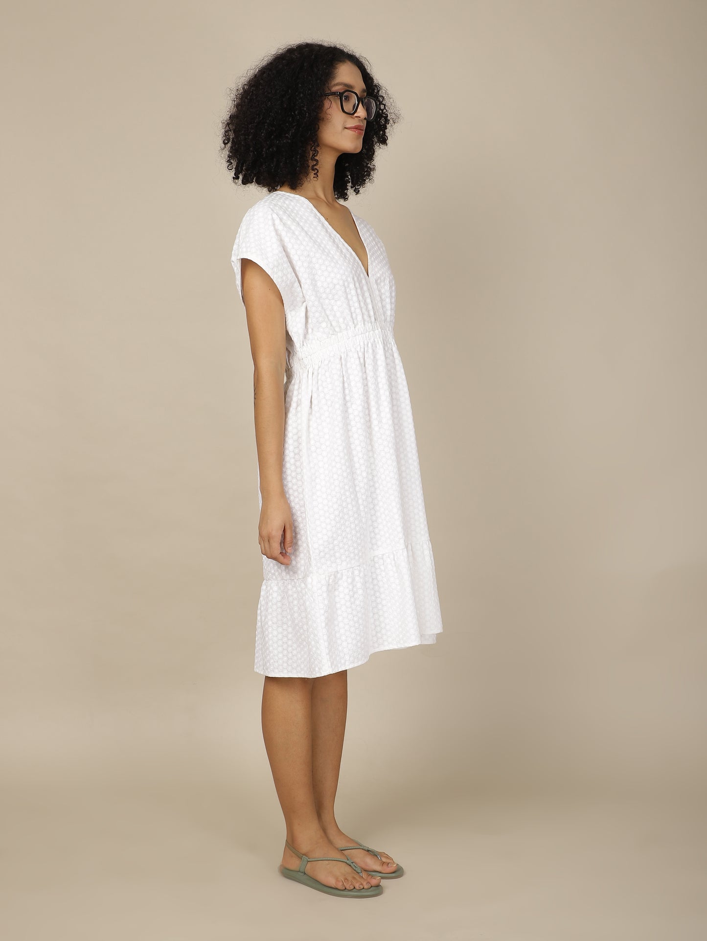 White Embroidered Cosmos Cotton Dress