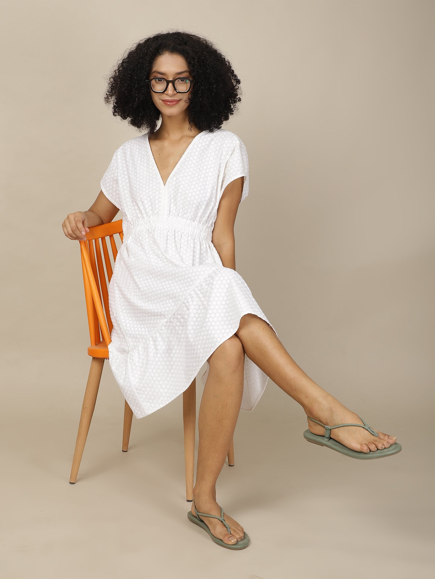 White Embroidered Cosmos Cotton Dress